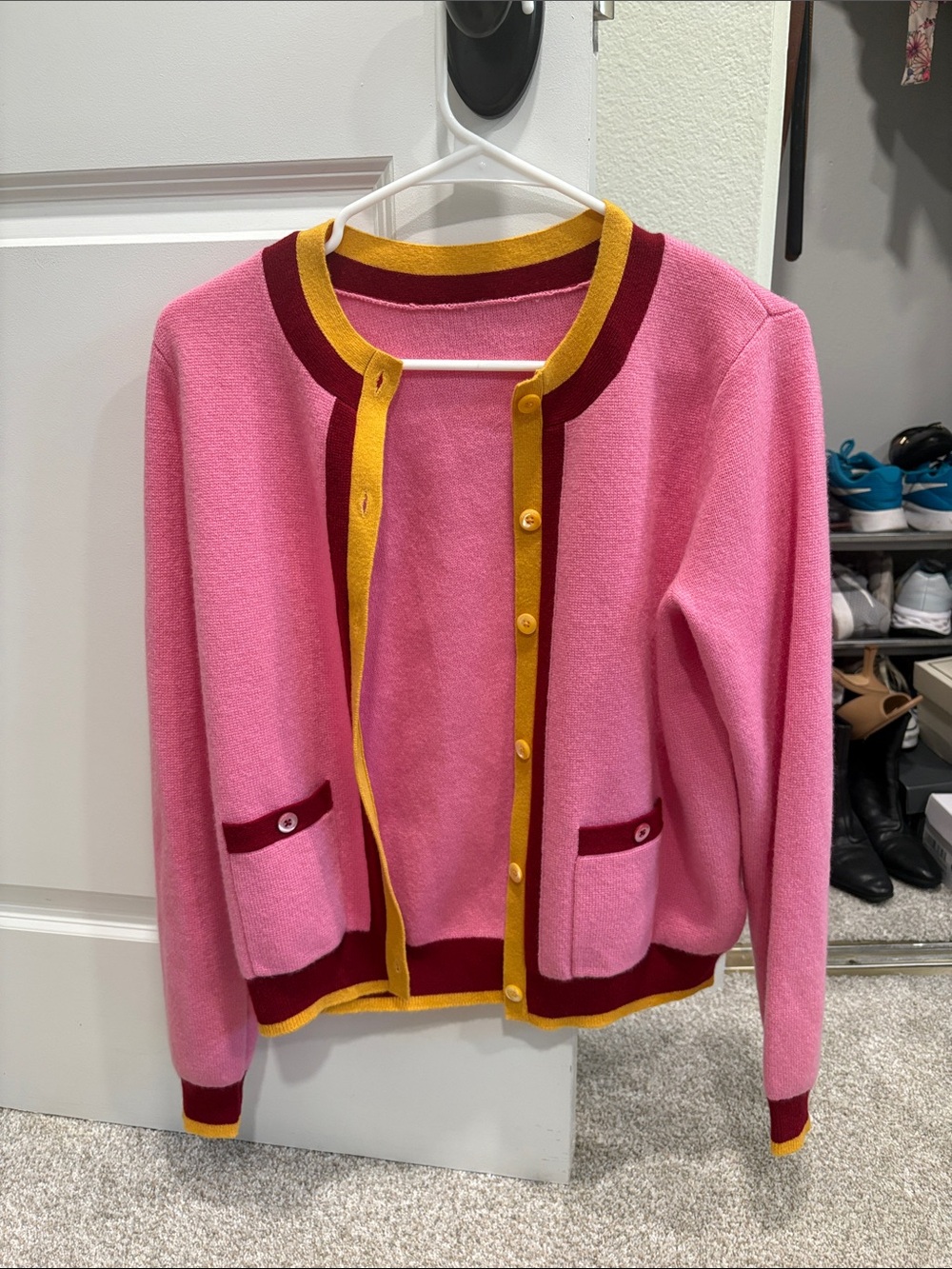 kate spade Pink Cardigan Jacket with Mustard and Burgundy Trim